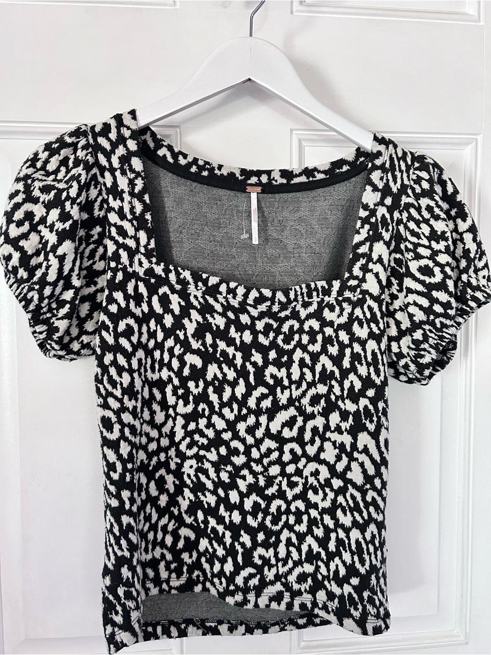 Free People Black and White Leopard Square Neck Puff Sleeve Top